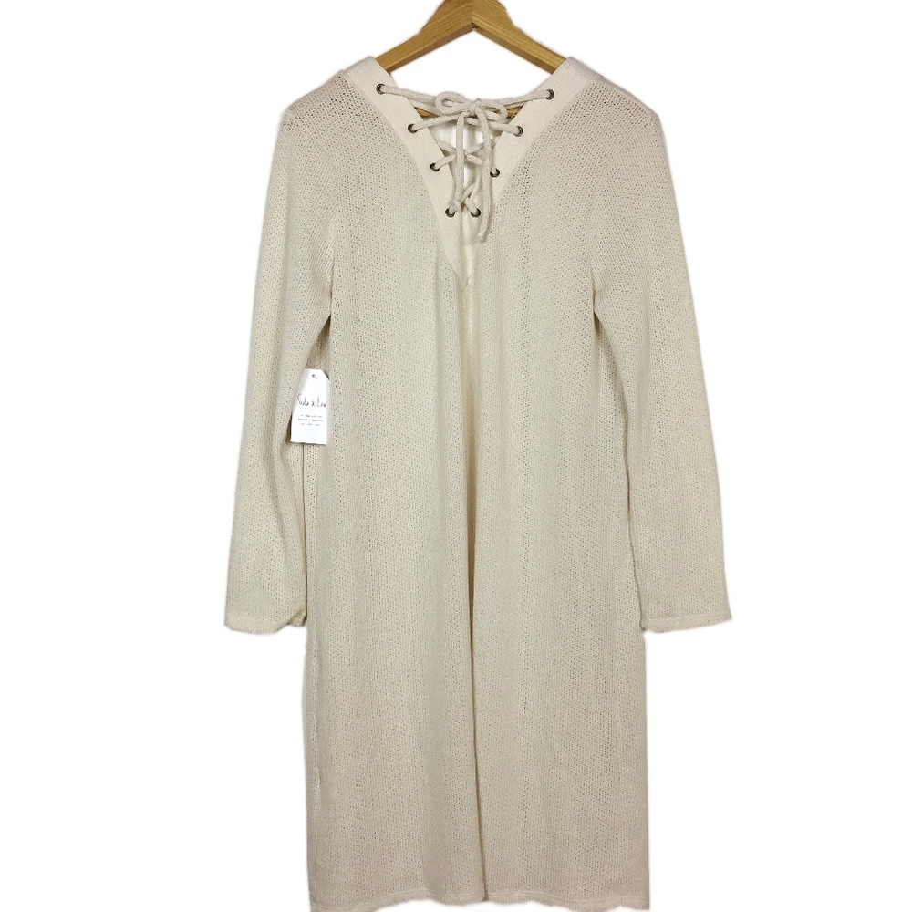 Cream Open Knit Duster Cardigan Lace-Up Detail